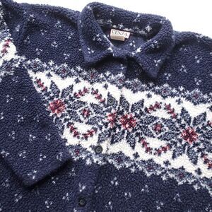 Vintage Cenza by Palmettos Fair Isle Fleece Shirt L Blue Button Sherpa Jacket